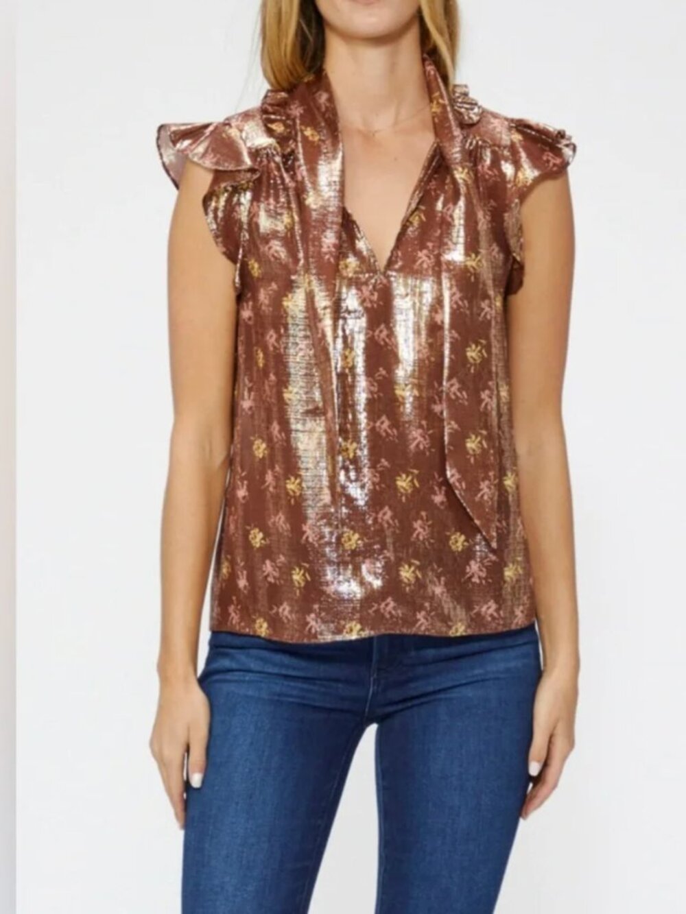 Paige Silk Blended Tie Necked Floral Printed Ruffled Sleeveless Blouse Top NWT